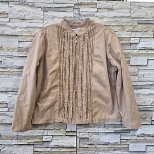 Coldwater Creek Jacket Women's Petite Large Tan Faux Suede Ruffle Zip Up